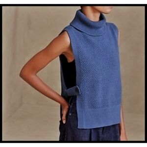 Banana Republic Long Knit Turtleneck Sweater Vest Open Belted Sides Blue Medium